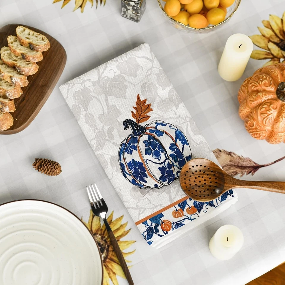 Blue Pumpkin Fall Kitchen Towels Dish Towels 18x26 Inch Autumn Floral Leaves - Image 4 of 4