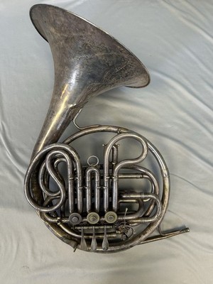 VINTAGE KING MADE BY H.N. WHITE CO. SILVER DOUBLE FRENCH HORN CLEVELAND, OHIO