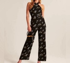 Abercrombie  Fitch Jumpsuit Womens S Black Floral Wide Leg Halter Neck
