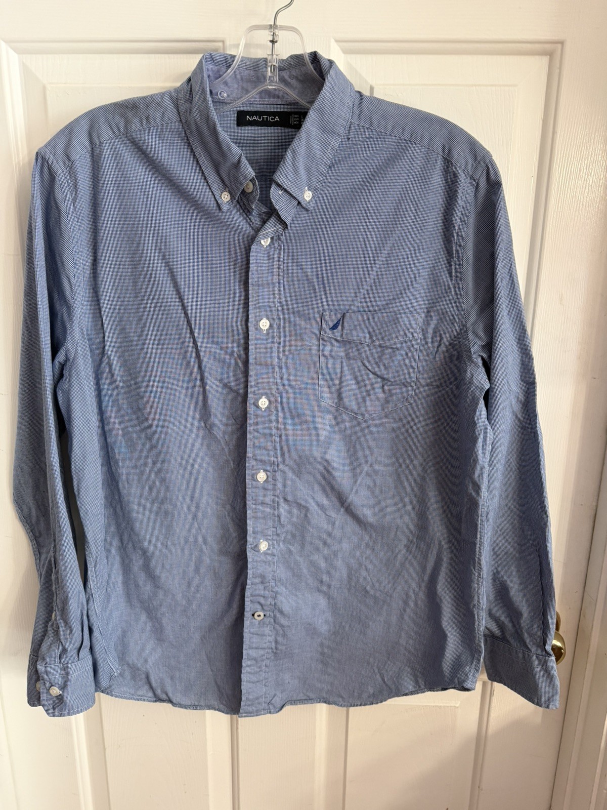 Men's Button Down Shirt Nautica Cotton Blue White Micro-Gingham Large