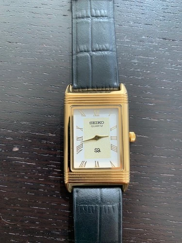 Vintage Seiko Reverso Frame Tank Wrist Watch Refurbished White Dial Gold Bezel