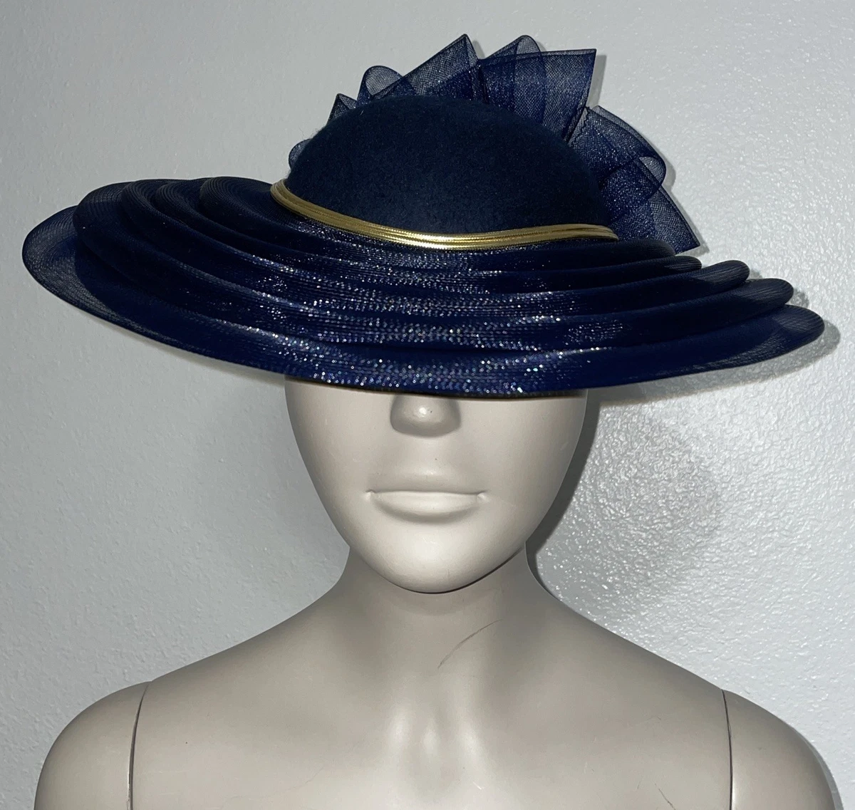 Vtg Sonni of San Francisco Navy Blue Wool Derby Hat Wide  display picture 3