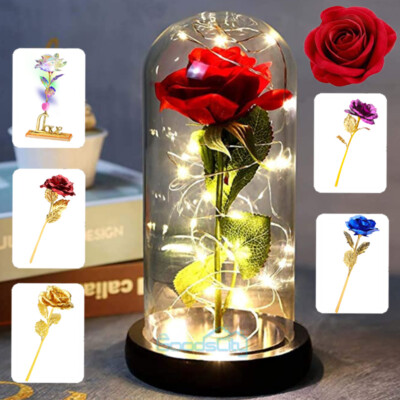 Galaxy Rose Flower Forever In Dome Glass LED Light Valentine's Day