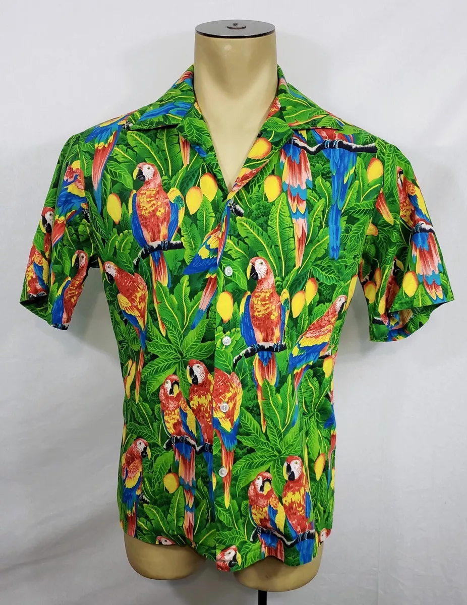 VINTAGE Hutspah Hawaiian Button Shirt Hummingbird Butterfly Parrot