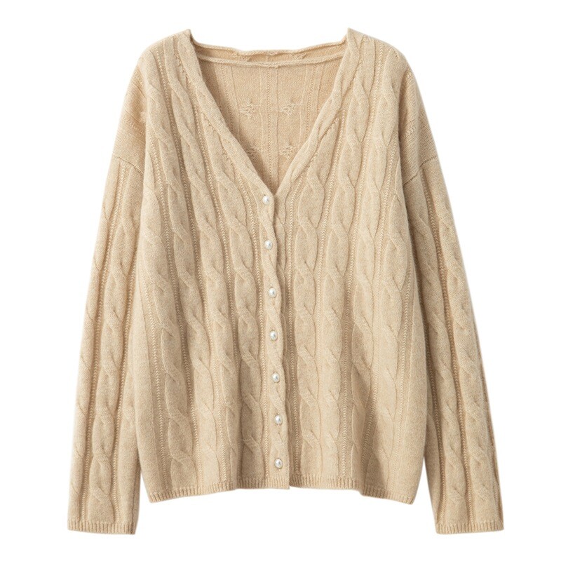 Cashmere Cardigan Women's V-neck Knitted Sweater Coat Pearl 100% Wool Twisted