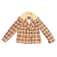 Giacca Wool Blend Coat Faux Fur Collar Plaid Size Large