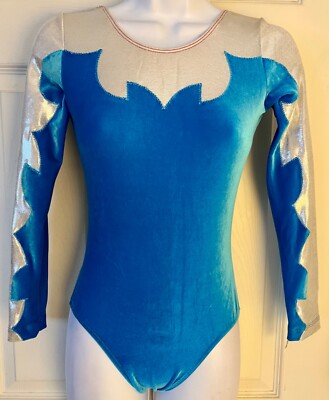 GK TURQUOISE VELVET ADULT SMALL LgSLV SILVER FOIL GYMNAST DANCE LEOTARD Sz AS