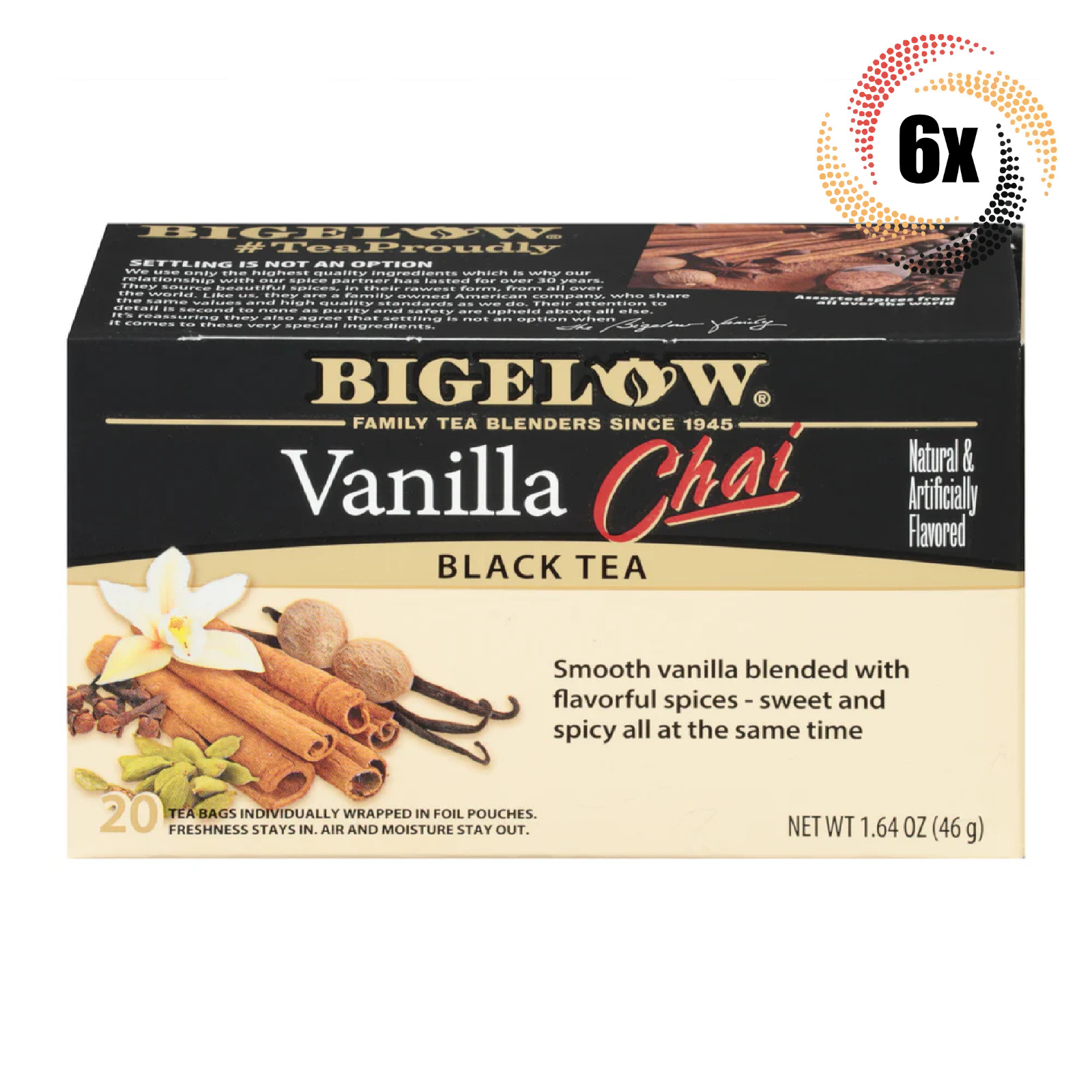 6 упаковок черного чая со вкусом ванили Bigelow Chai 20 пакетиков в коробке 164 унции 7090₽