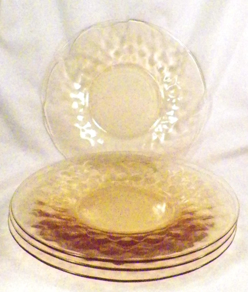 4 Elegant Glass Luncheon Plates Diamond Optic Yellow Amber Vintage