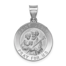 14k White Gold Polished  Satin St Joseph Medal Hollow Pendant 1.3gm L-1.07 Inch