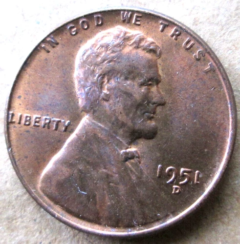 1951-D WHEAT CENT, MS+++, RED/BROWN COLOR, CIRCULATED