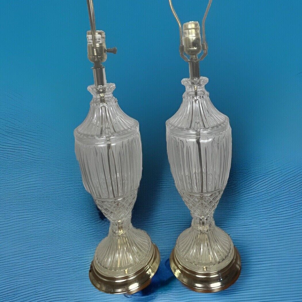 Lot 2 Vintage Table Lamps Set Matching Pair Clear Glass Traditional Glam Working