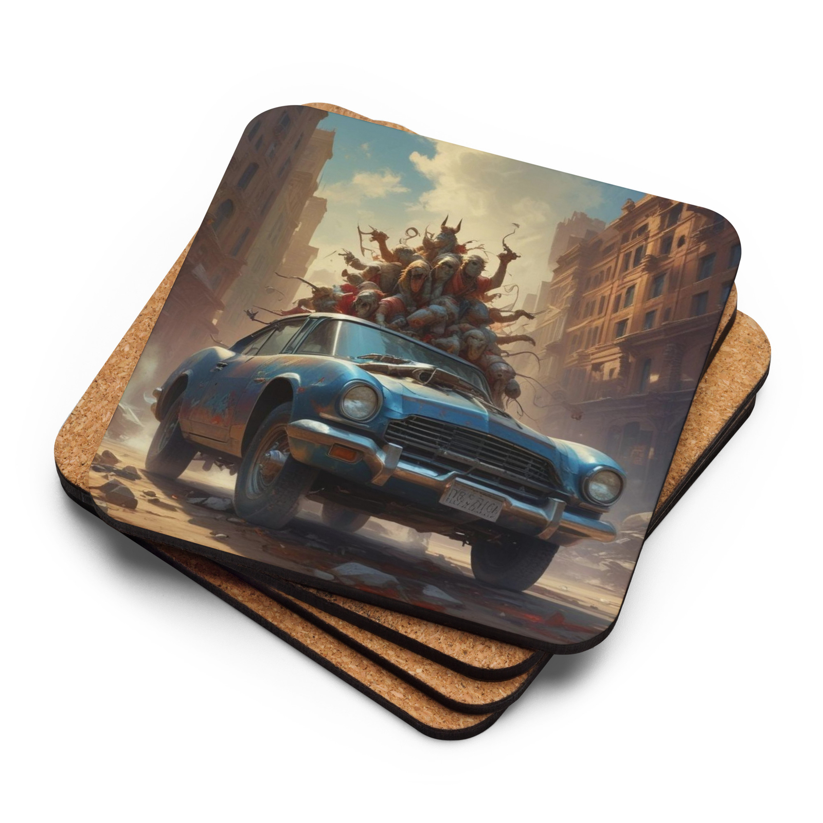 Futuristic imaginative classic car in apocalypse scene cork-back coaster