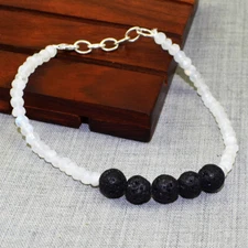 46.00 Cts Natural 7" Lava Stone & Moonstone Round Shape Beads Bracelet NK 22L767