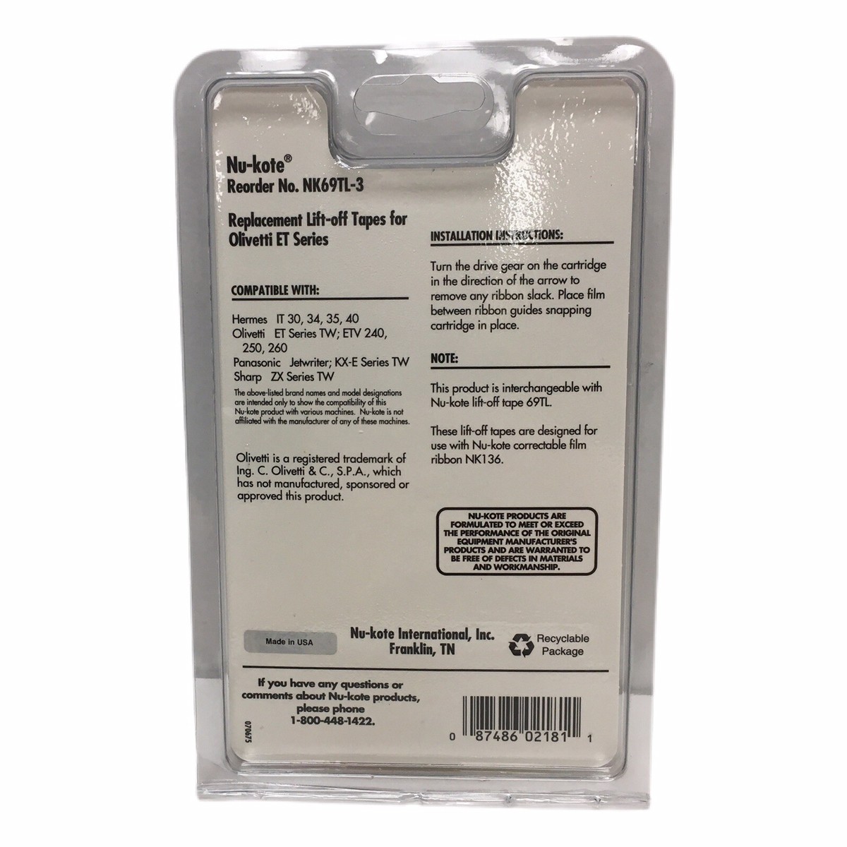 Nu•Kote Olivetti Package Of 3 Tackless Lift-off Tapes For Olivetti