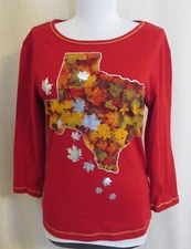 Blue Canyon TEXAS fall foliage cotton Tee RED 3/4 Sleeve Women's Medium * New