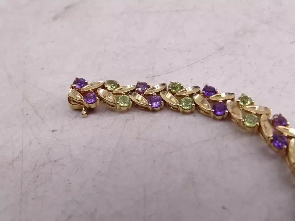 Brazalete Tenis Chapado en Oro Rosa 14k Amatista y Peridoto Simulado Corte Redondo 7 Ct Foto 2 de 4