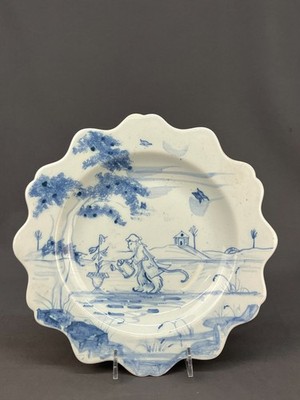Deborah Sears ISIS Ceramics MONKEY WATERING PLANT Blue 9 3/4'' Scalloped Plate