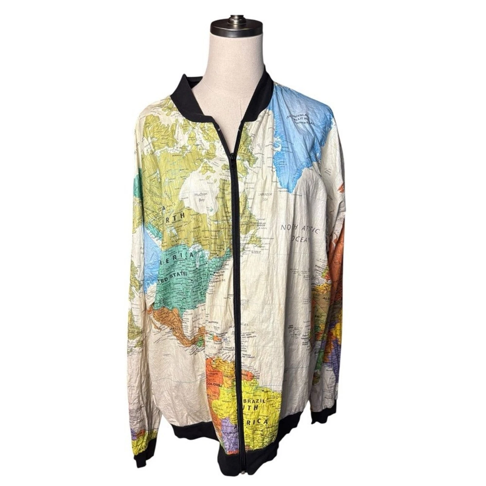 Vintage World Map Print Jacket Windbreaker PACKABLE XL 80s Retro Unique Graphic