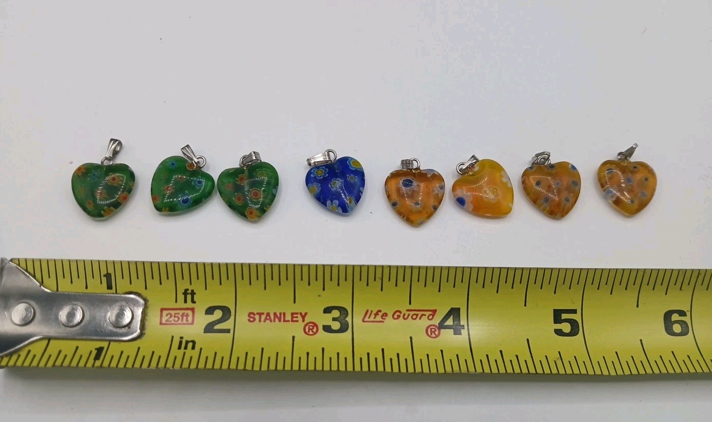 Lot Of 8 Heart Murano Style Millefiori Pendant Charms 1/2"