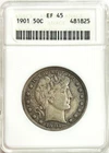 1901 SILVER USA BARBER HALF DOLLAR COIN ANACS EXTREMELY FINE 45
