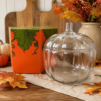 Anchor Hocking Clear Glass Pumpkin Cookie Jar Canister w Lid & Box