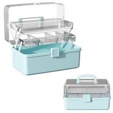 Large 3Layer Craft Storage Box Handle Blue Removable Tray Organizer Case