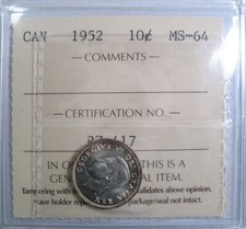 1952 Canada Ten Cent - ICCS MS-64