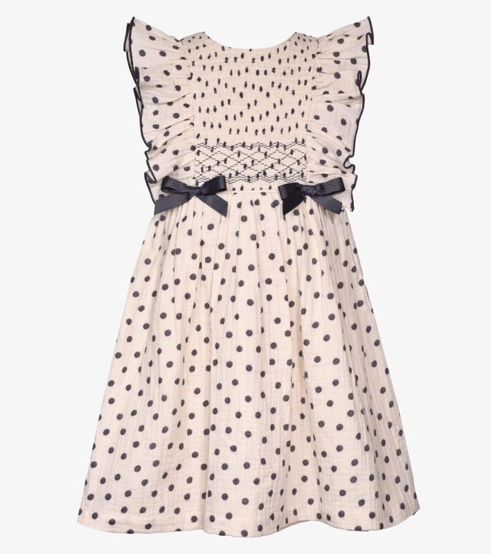 NEW Bonnie Jean Girls Size 5 "IVORY GRAY DOT" Smocked Pinafore Ruffle Dress NWT