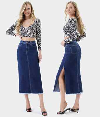 Jeansrock Midirock  Seite Schlitz Stretch Denimrock Dunkelblau  Jewelly JW2571