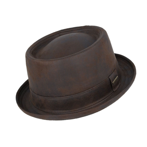 Men’s Faux Leather Pork Pie Hat – Vintage Trilby Fedora Style with Sweatband - Picture 4 of 13