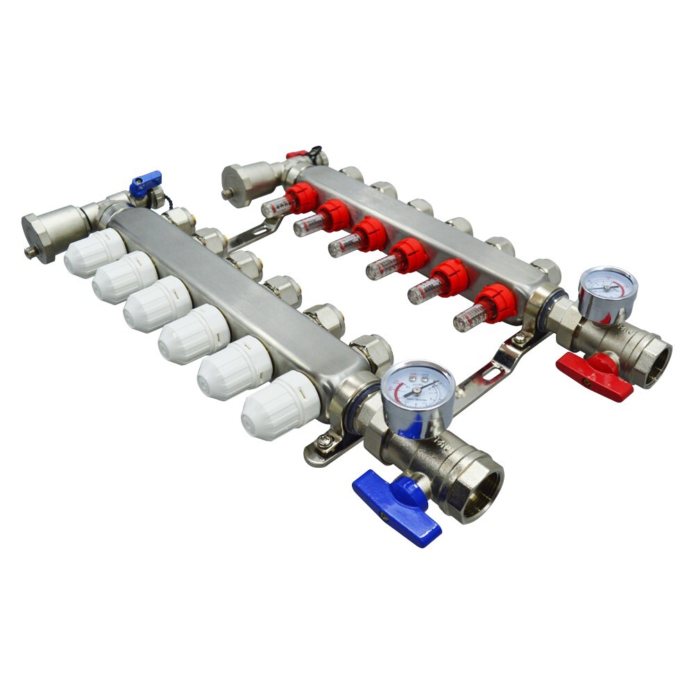 6-Branch PEX Floor Heating Manifold 304 Stainless Steel 1-95℃ 1.5MPa