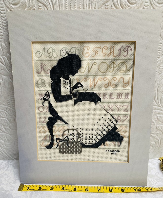 Fine Vintage Cross Stitch Sampler Woman Sewing Sanborn 1991