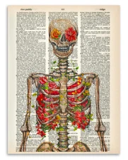 Upcycled Dictionary Art - Blooming Skeleton - 8.5x11 Inspiring Gift Under $20