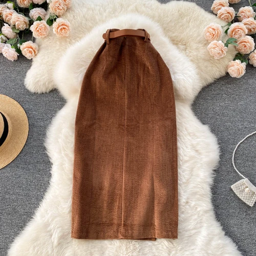 Women Midi Corduroy Skirt A-line Pencil Side Slit with Belt Retro Casual Dress - Bild 11 von 21
