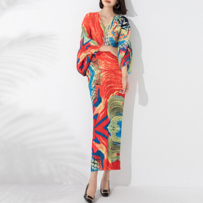 Fashion Pleated Dresses Womens Batwing Sleeve V Neck Loose Long Floral  Dresses | eBay