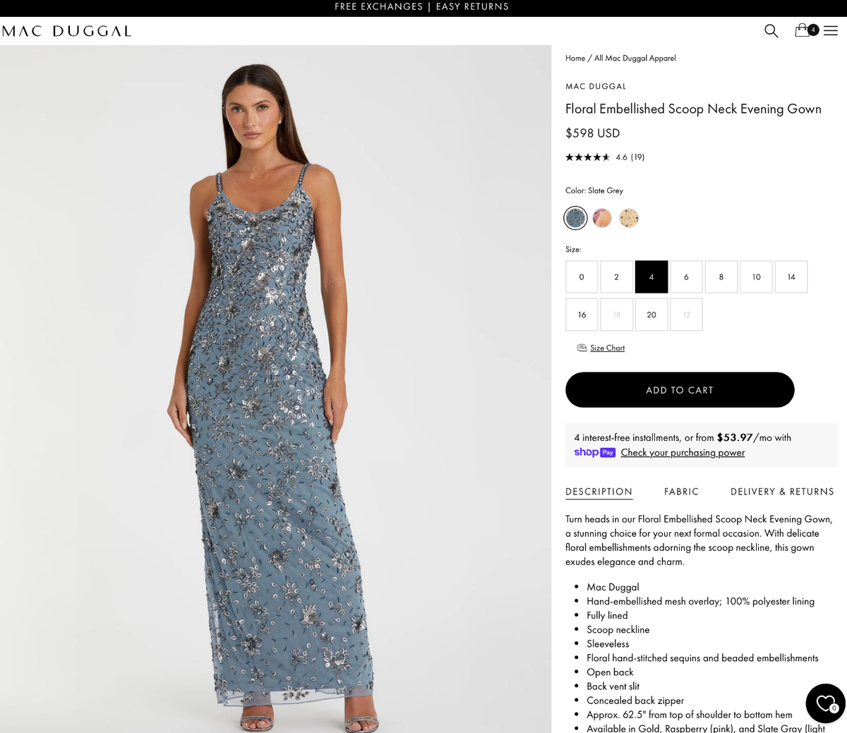 NWT Mac Duggal [ 4 ] 5477 Floral Embellished Scoop Neck