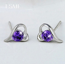 925 Sterling Silver Purple Cubic Zirconia Heart Angel Stud Earrings Gift I31