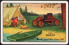 Vintage single playing card NASH man and woman camping 1902 Rambler car pictured