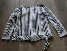Talbots Blouse Top Women's LP Black White Striped Tie Waist Accent Long Sleeve
