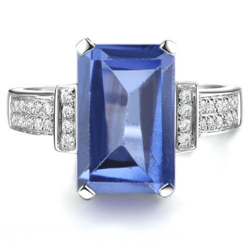 2.00Ct Rectangle Shape 100 Natural Blue Tanzanite Ring In 925 Sterling
