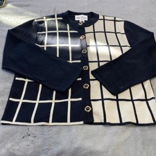 Ami Knits Vintage Black Cream Grid Colorblock Cardigan Sweater Made in USA Sz 16