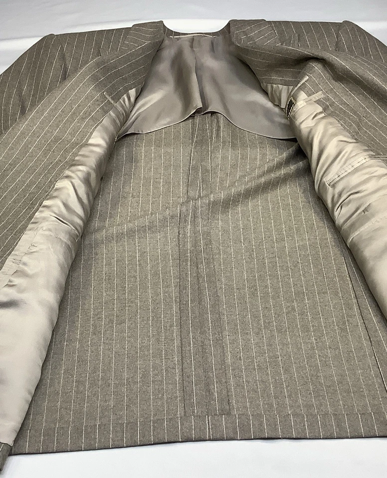 Traje de lana renacentista Oxxford Clothes Super 100 beige a rayas 42R W36X28 puño Foto 4 de 4