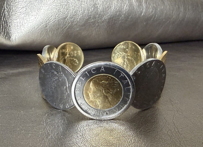 Vintage Milor Sterlingsilber 500/200/50/20 italienische Lira Münze Scharnier Manschette Armreif