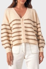Elan Striped V-Neck Cardigan Striped Tan