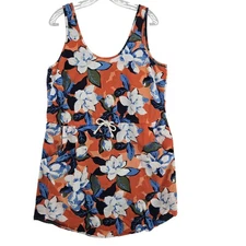 Gap Dress Womens Large Orange Blue Big Floral Linen Blend Sleeveless Drawstring