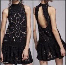 Free People Black Cut Out Lace Blue Embroidered Open-Back Halter Mini Dress Sm