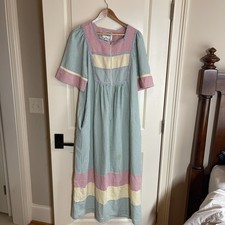Vintage Saybury Seersucker Prairie MaxiHouse Dress Med. Pastel Stripe Zip Front