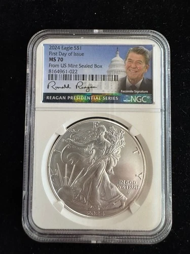 2024 (P) Silver Eagle $1 FDOI MS70!!! (Rare) Anna Cabral SIGNED REAGAN LOW POP