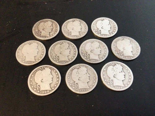 Ten Barber Quarters, 90% Silver